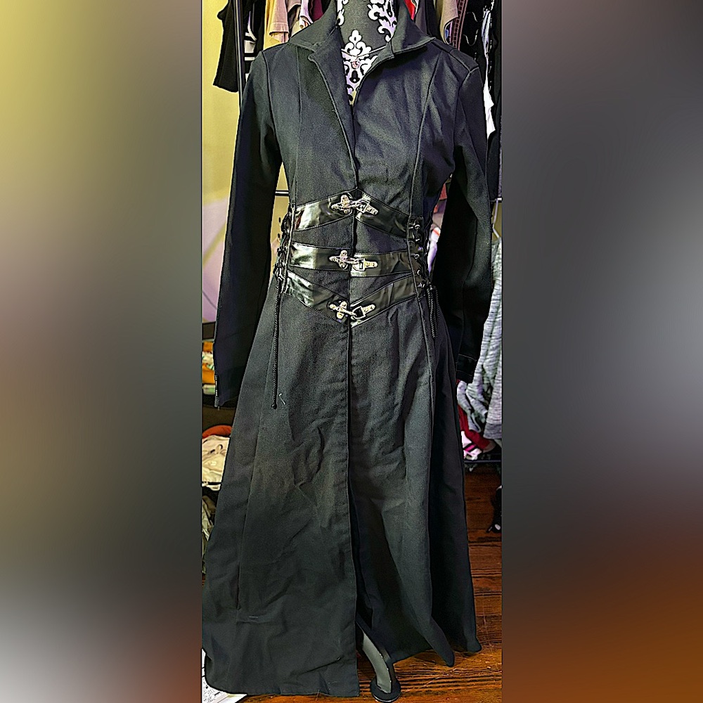 Red Balls on Fire London Vintage Corset Trench Coat Black Denim Steampunk Goth